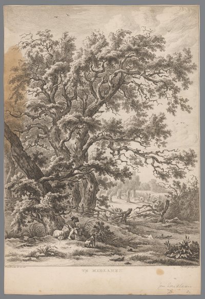 Landschaft mit einem Mann und Hund unter einem Baum bei Midlaren von Hendrik Schwegman
