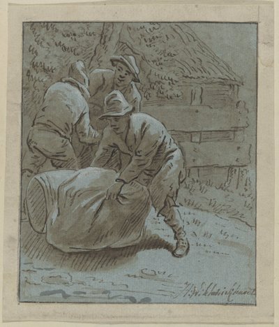 Drei Männer in einer Landschaft bei einem liegenden Fass und einem Sack von Hendrik Willem Schweickhardt (signed by artist)