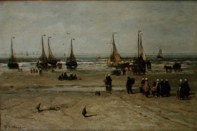 Küstenlandschaft mit Fischerbooten und Fischern von Hendrik William Mesdag