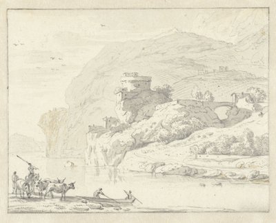 Italienische Berglandschaft mit Hirten und Vieh, und zwei Figuren in einem Boot, das den Fluss überquert von Hendrik van der Straaten (attributed to)