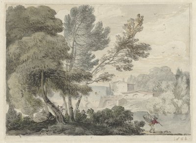 Flusslandschaft mit einem Mann mit einem Kescher im Vordergrund von Hendrik van der Straaten (possibly)