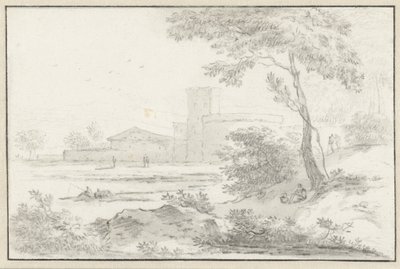 Italienische Landschaft mit befestigtem Gebäude im Hintergrund von Hendrik van der Straaten