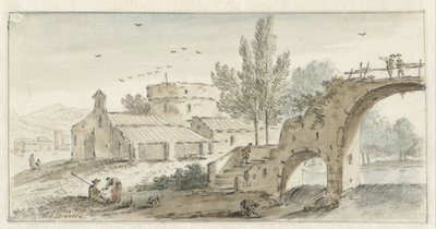 Italienische Landschaft mit einer Steinbrücke von Hendrik van der Straaten