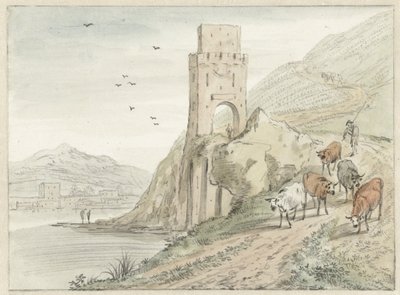 Italienische Flusslandschaft mit Bergen und einem Tor von Hendrik van der Straaten