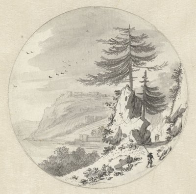 Gebirgige Küstenlandschaft mit einer großen Tanne von Hendrik van der Straaten