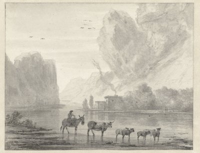 Felsige Flusslandschaft mit einem Hirten und seinem Vieh und Schafen von Hendrik van der Straaten
