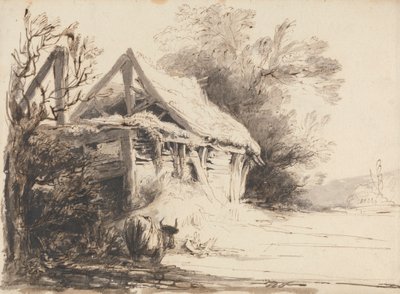 Eine alte Scheune, Bäume und Kuh von Heneage Finch fourth Earl of Aylesford