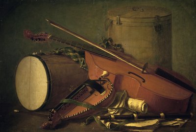 Musikinstrumente, Trommel, Geige, Flöte und Drehleier, von Henri Horace Roland de la Porte (1724-1793). Frankreich von Henri Horace Roland Delaporte