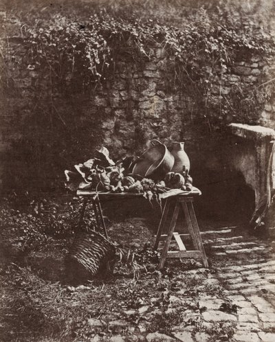 Stillleben: Topf, Krug und Gemüse auf einem Sägebocktisch, ca. 1852 von Henri Victor Regnault