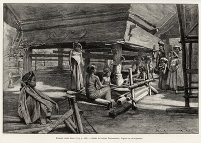 Batak-Frauen, ethnische Gruppe aus Nord-Sumatra, beim Weben. Gravur von Laurent Desrousseaux zur Illustration der Geschichte 