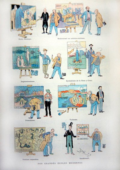 Karikatur, die sich über die verschiedenen Schulen der modernen Kunst und Malerei am Ende des 19. Jahrhunderts lustig macht, aus 