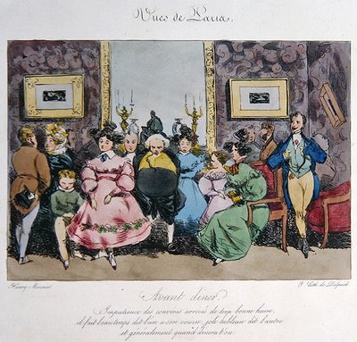 Humorvolle Darstellung des Verhaltens und Gesprächs der Gäste vor dem Abendessen, graviert von François Séraphin Delpech (1778-1825) von Henri Bonaventure (after) Monnier