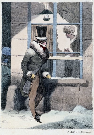 Neugieriger Mann schaut aus dem Fenster in einem Haus: „Jeder nimmt sein Vergnügen, wo er es findet“ - in „Les pastemps“ von Henri Monnier, ed. Delpech, Paris von Henri Bonaventure Monnier