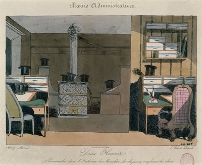 Szene in einem Pariser Büro während der Mittagspause, ca. 1830 (Farbstich) von Henri Bonaventure Monnier