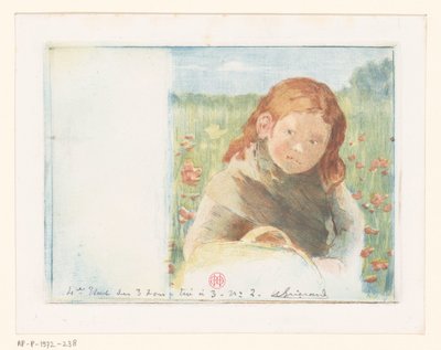 Mädchen mit Korb in einer Blumenwiese von Henri Charles Guérard (signed by artist)