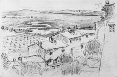 Aussicht von einem Dorf über Felder und Wiesen zum Meer. Bormes-les-Mimosas von Henri Edmond Cross