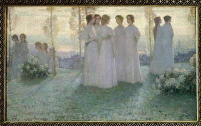 Am Sonntag, Frau in Weiß spricht in einem Garten von Henri Eugene Augustin Le Sidaner