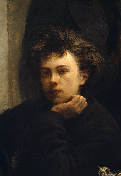 Ein Ecktisch, Detail. Porträt von Arthur Rimbaud, französischer Dichter von Ignace Henri Jean Fantin Latour