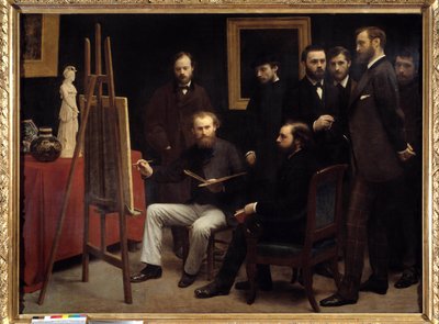 Eine Werkstatt in den Batignolles. Unter den anwesenden Personen: Otto Scholderer, Edouard Manet (1832-1883) in der Mitte sitzend, Pierre Auguste Renoir (1841-1919), Zacharie Astruc (1835-1907), Emile Zola (1840-1902), Edmond Maitre (1840-1888), Frederic B von Ignace Henri Jean Fantin Latour