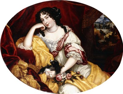 Porträt einer Dame, sitzend, dreiviertel Länge, mit ihrem Hund vor einem offenen Fenster, eine italienische Landschaft dahinter von Henri Gascar