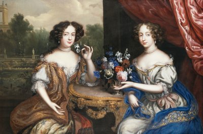 Ein Doppelporträt von Lady Maria Somalia und Lady Anne Barrington, sitzend in dreiviertel Länge an einem Tisch mit einer Vase mit Blumen von Henri Gascard