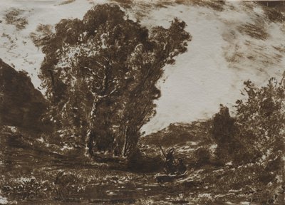 Zwei Bootsmänner in einem Sumpf nahe einer Baumgruppe, ca. 1857 von Henri Joseph Constant Dutilleux