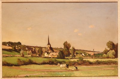 Eine weite Landschaft mit einem Pflüger und einem Dorf dahinter von Henri Joseph Harpignies