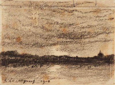 Sonnenuntergangslandschaft mit Blick über Wasser auf eine Stadt von Henri Joseph Harpignies
