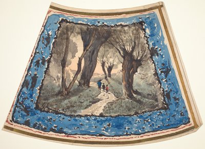 Reisende auf einem bewaldeten Pfad mit einer Umrandung von skurrilen Figuren und Affen von Henri Joseph Harpignies