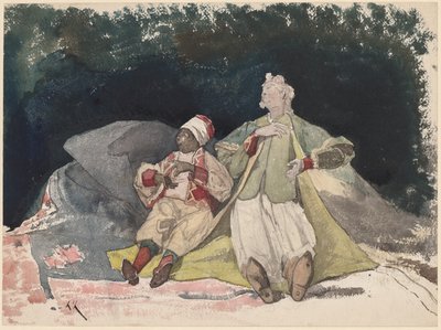 Zwei Puppen oder Marionetten, die auf Kissen sitzen von Henri Joseph Harpignies