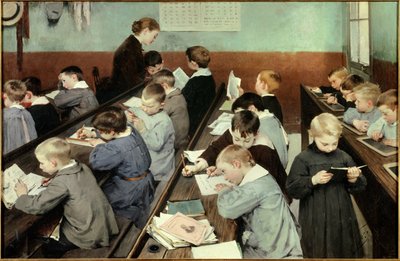 Im Klassenzimmer, die Arbeit der Kleinen. Junge Jungen in Schulblusen studieren in einem Klassenzimmer, einige lesen, andere schreiben in ihre Hefte oder auf Schiefertafeln. Gemälde von Jean Henri Jules Dit Geo Geoffroy (1853-1924) von Henri Jules Jean Geoffroy