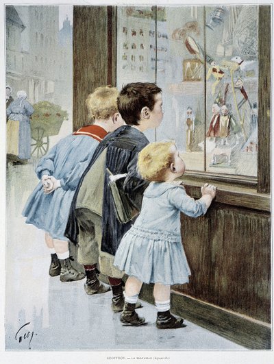 Die Versuchung: Kinder vor einem Schaufenster, die Spielzeug betrachten - Illustration von Geoffroy, in „Figaro Illustrated“ von Henri Jules Jean Geoffroy