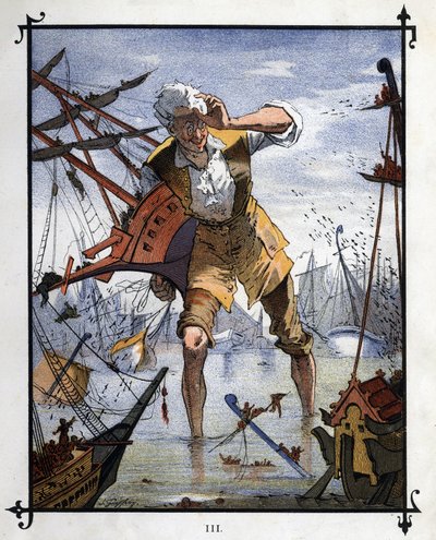 Lemuel Gulliver im Zentrum einer Seeschlacht zwischen den Schiffen von Lilliput und Blefuscu. Illustration für „Gullivers Reisen“ von Jonathan Swift (1667-1745) von Henri Jules Jean Geoffroy