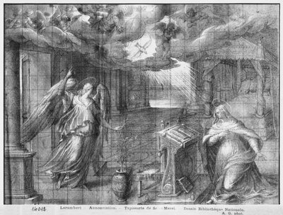 Leben Christi, Verkündigung, vorbereitende Studie eines Wandteppich-Kartons für die Kirche Saint-Merri in Paris, um 1585-90 von Henri Lerambert