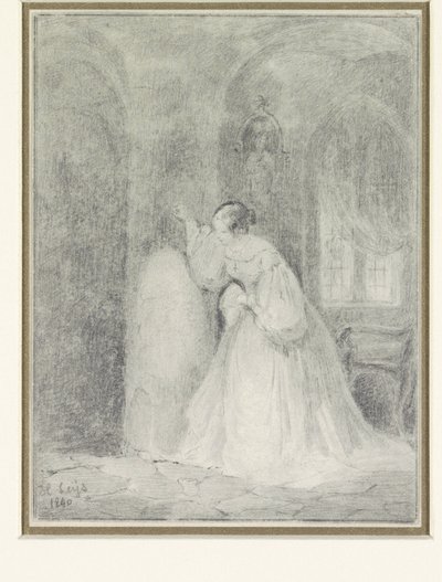 Interieur mit junger Frau, die sich gegen eine Säule lehnt von Henri Leys (baron)