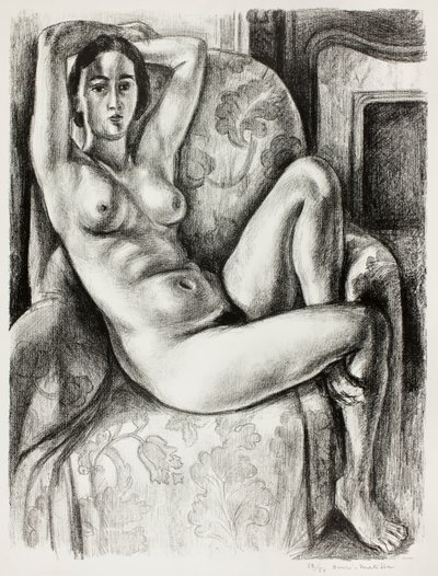 Akt mit blauem Kissen neben einem Kamin von Henri Matisse
