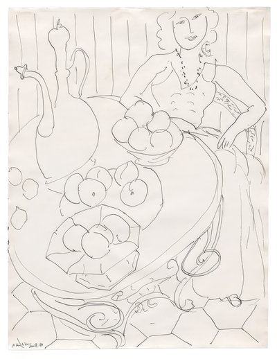 Frau sitzt an einem Tisch mit Obst und Krug von Henri Matisse