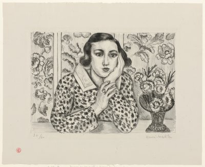 Junges Mädchen, das sich an blühendem Paravent lehnt von Henri Matisse