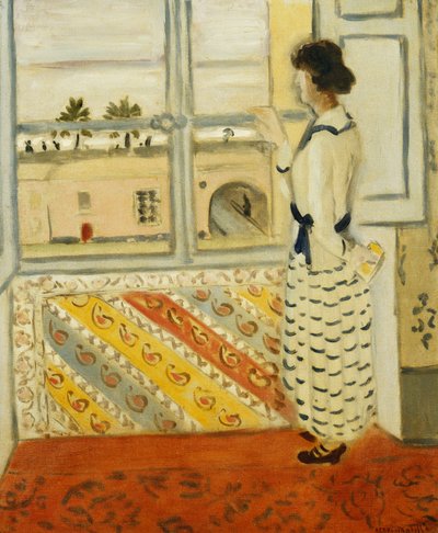 Junge Frau am Fenster, blau gestreiftes Kleid von Henri Matisse