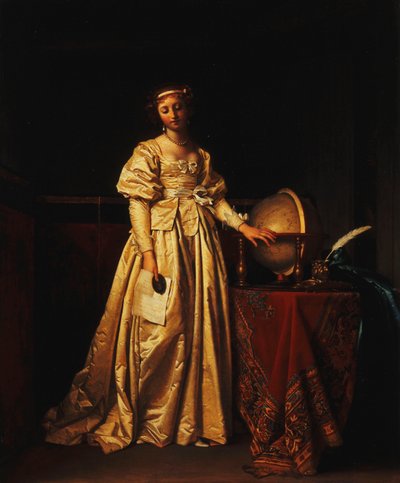 Eine Dame in einem Innenraum, in einem gelben Satinkleid, mit einem Globus auf einem Tisch neben ihr, trauert um die Abwesenheit ihres Mannes von Henri Nicolas van Gorp