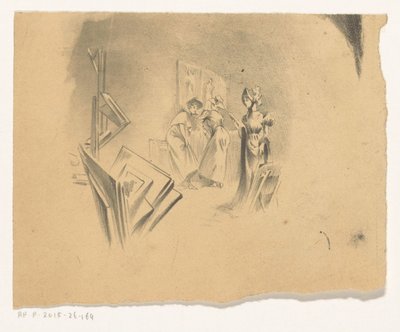 Drei Frauen betrachten Drucke in einem Atelier von Henri Patrice Dillon (possibly)