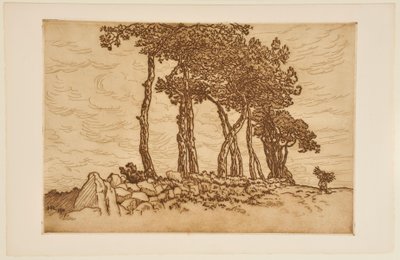 Alte Frau mit einem Bündel nahe einer Baumreihe von Henri Rivière