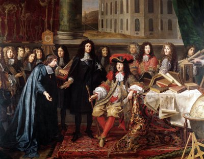Jean-Baptiste Colbert stellt die Mitglieder der Königlichen Akademie der Wissenschaften Ludwig XIV. vor (Detail) von Henri Testelin