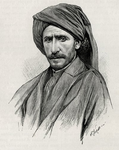 Porträt von Scheich Moses, dem mächtigsten Stammesführer von Arabistan (oder Arabische Halbinsel). Gravur von Thiriat zur Illustration der Geschichte „Persien, Chaldäa und Susiane“ von Henri Thiriat
