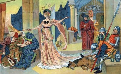 Die Fee verzaubert die Bewohner des Schlosses mit ihrem Zauberstab, damit sie so lange schlafen wie die Prinzessin. La belle au bois dormant, Märchen von Charles Perrault (1628-1703) Illustrationen Henri Thiriet (1873-1946). Um 1930 von Henri Thiriet