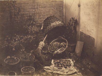 [Stillleben mit Strohkörben, Besen, geöffnetem Sack Kartoffeln und Topfpflanzen] von Henri Victor Regnault