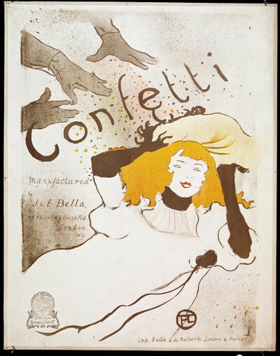 Konfetti: Hände werfen Konfetti auf eine Frau mit gelbem Haar von Henri de Toulouse Lautrec