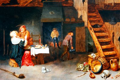 Bauerninterieur mit Figuren, die an einem Tisch feiern von Henrik Potuijl
