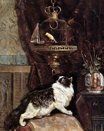 Katze beobachtet einen Vogel im Käfig - von Henriette Ronner von Henriëtte Ronner Knip