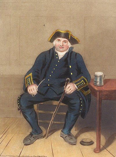 Porträt eines Greenwich-Pensionärs, sitzend mit Tonpfeife und Krug von Henry (after) Dawe